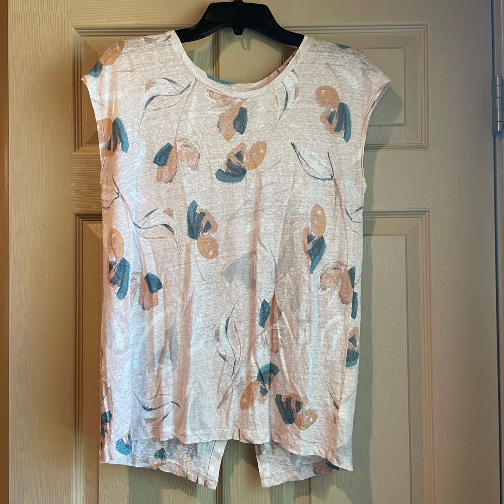 Rachel Zoe Floral Print Women's Top - Cream and Tan‎ - Button Back, Size Large